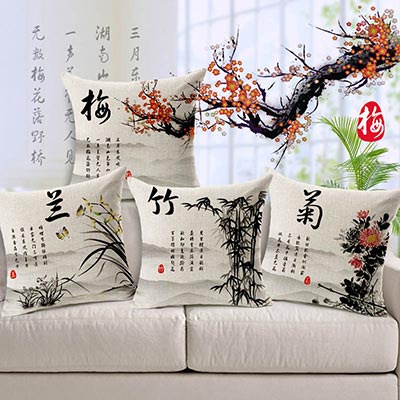 中国风水墨梅兰竹菊棉麻抱枕生产